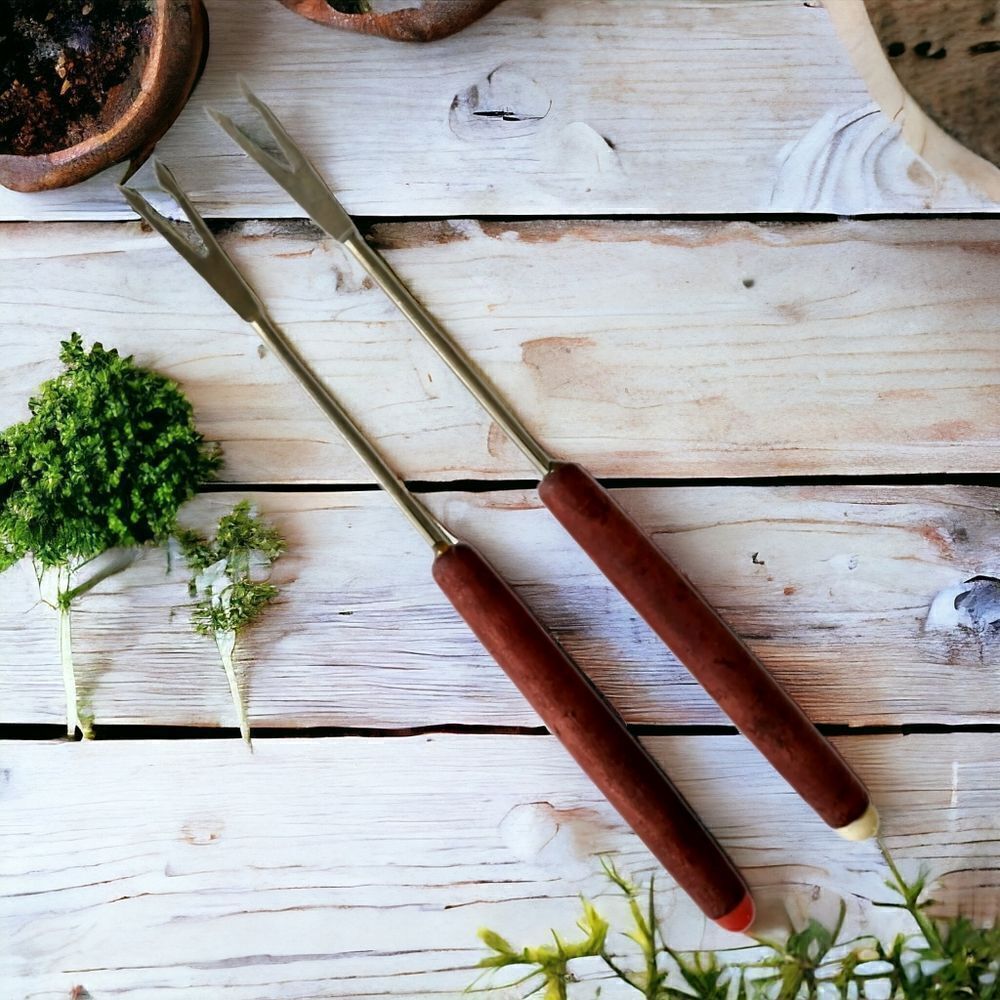 2 Teak Fondue Forks Skewers Picks Appetizer Cocktail Seafood‎ Stainless Steel